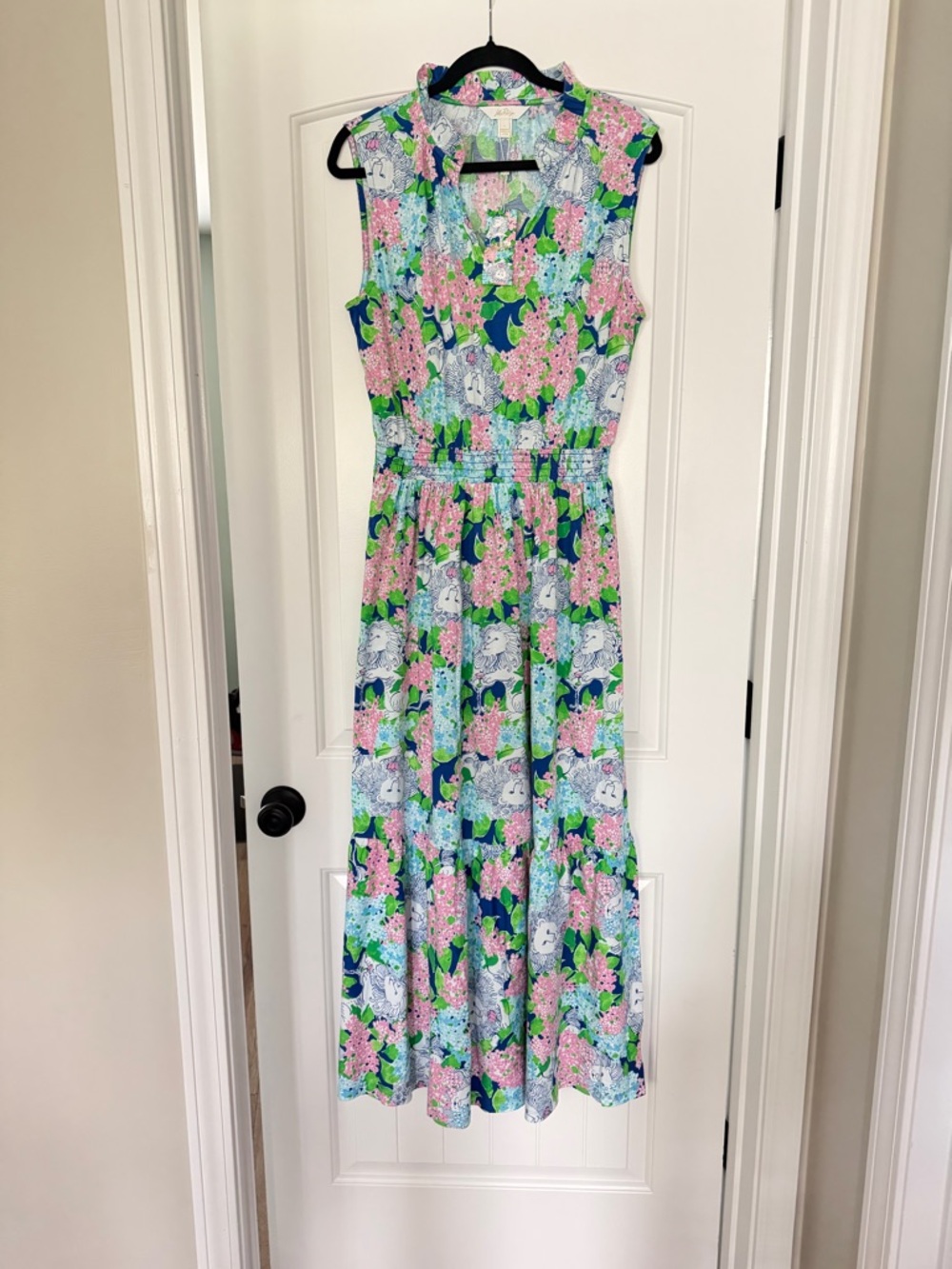 Sleeveless Floral Maxi Dress in Navy, Pink & Green